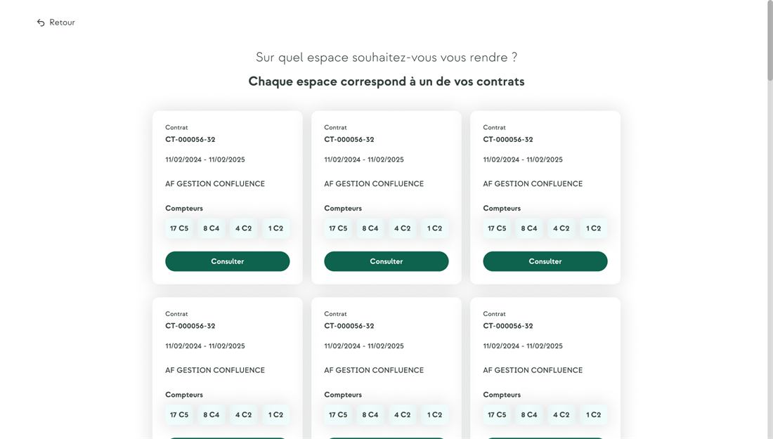 Écran de sélection des contrats d'énergie dans l'espace client elmy